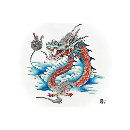 Dragones Luchando Con Un Samurai Mirando