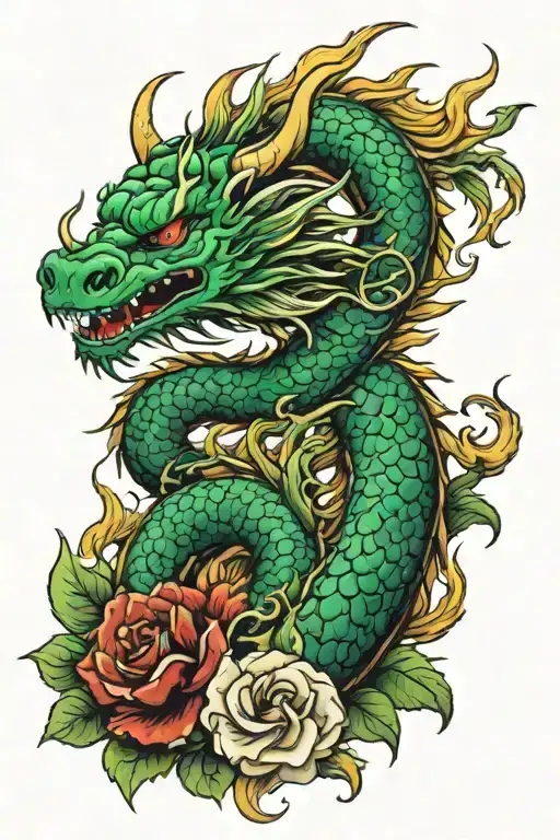 Irezumi Lime Japanese Dragon With Roses And Flames Yakuza-like