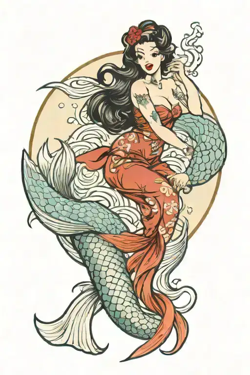 Pin Up Girl Mermaid Posing Pisces Sign