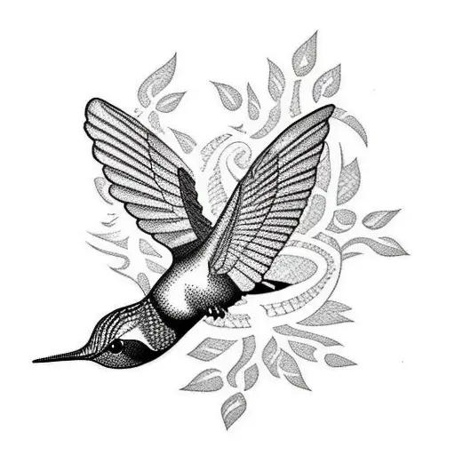 A Black And Grey Tattoo Of A Hummingbird With Intricate Mayan Patterns
