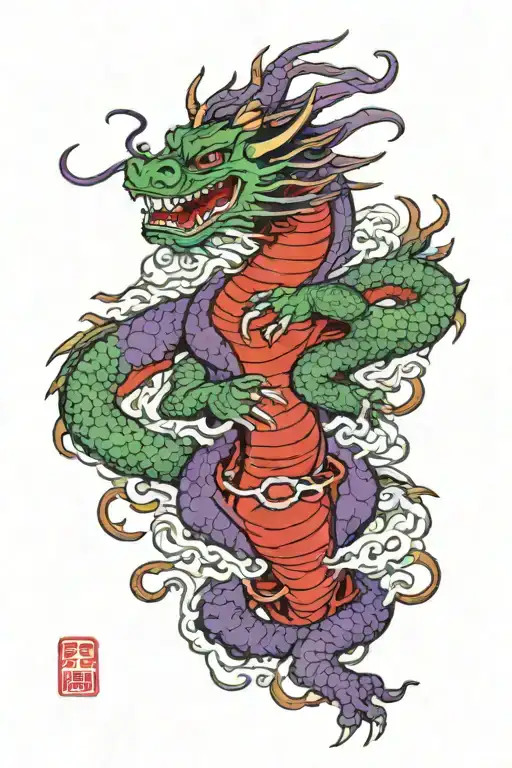 Purple And Green Dragon With Red Samurai