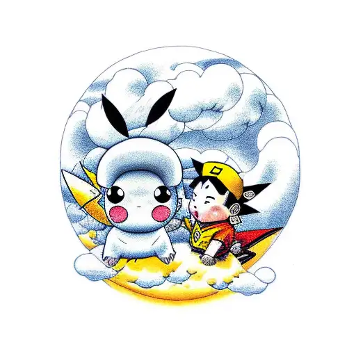 Kid Goku And Pikachu Together Riding Nimbus Cloud