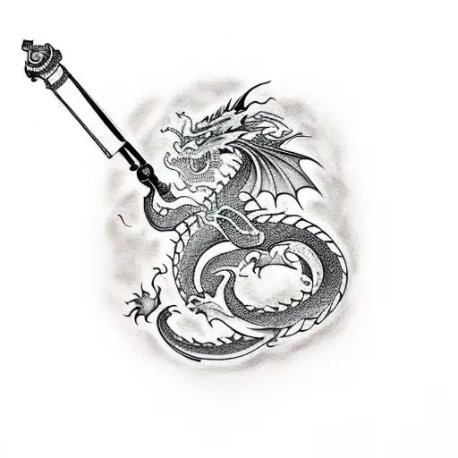 An Elegant And Detailed Tattoo Of A Dragon Holding A Weapon