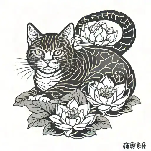 Cat And Lotus Flowers