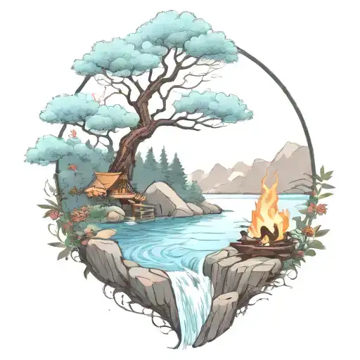 A Rowan Berry Tree And A Campfire Beside A River Waterfalling Down The Front