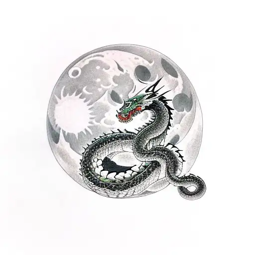Dragon And Snake Intertwined Around The Moon