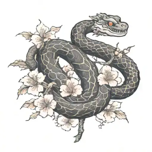 Multiple Snakes Intertwined With A Cherry Blossom Tree