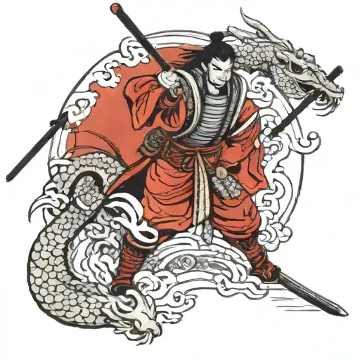 Samurai In Armor Instead Of A Head With A Skull And A Dragon