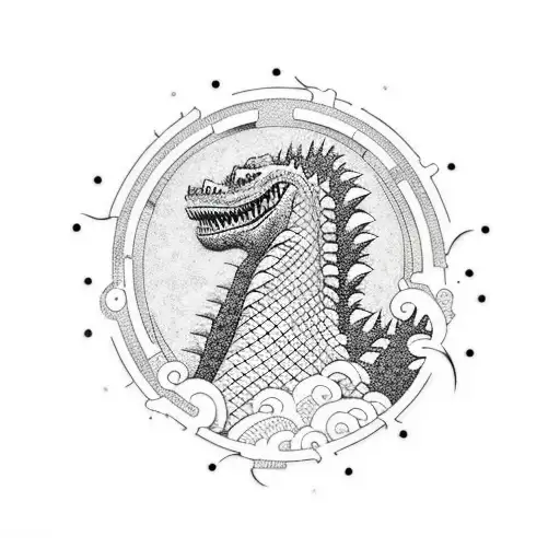 Minimalistic Godzilla Tattoo With Japanese Style Lines And Ornaments
