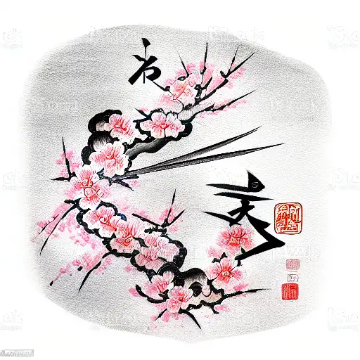 Samurai With Cherry Blossoms Behind And Chinese Characters