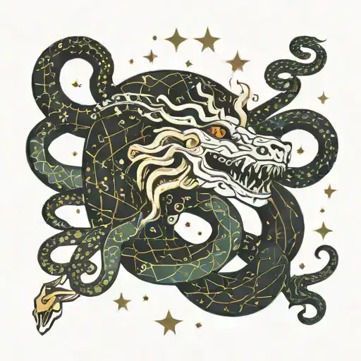 Constellation Cassiopeia With A Snake Going Around It With Its Head Being The Head Of Medusa