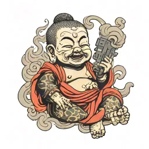 Evil Baby Buddha With Tattoos And An Evil Face Holding A Pistol With Smoke Coming Out Of The Barrel