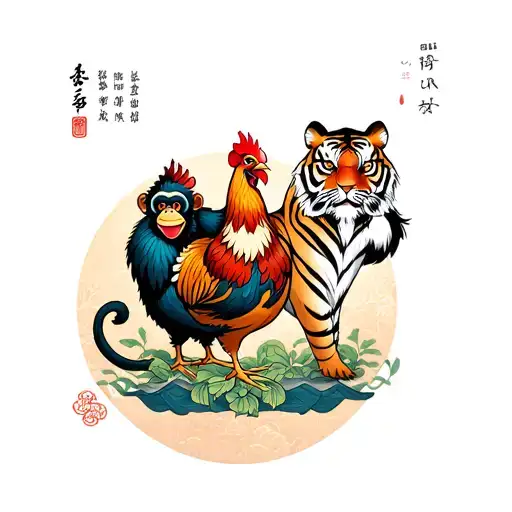 Monkey And Tiger And Chicken In A Asian Background