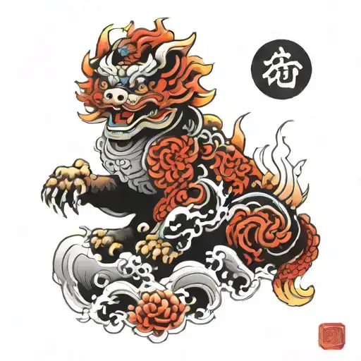 Create A Colorful Foo Dog Around Black Smoke And A Red Sun