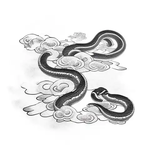 Treasuring Japanese Black And Grey Snake With Japanese Clouds