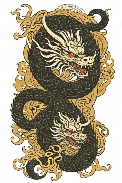 Japanese Dragon Intertwined Black And White