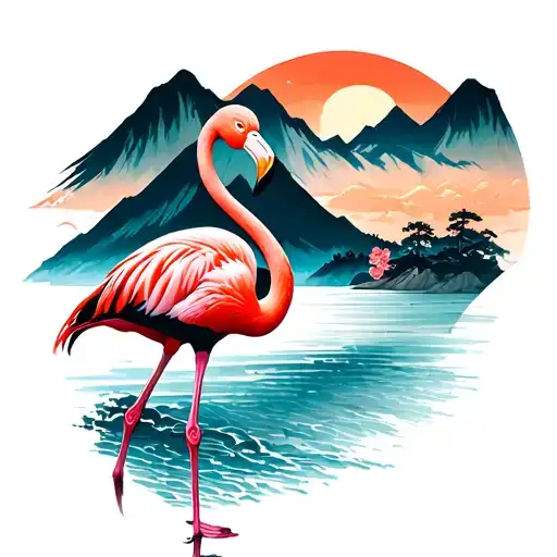 Flamingo Standing On A Beach With Mountains In The Background And