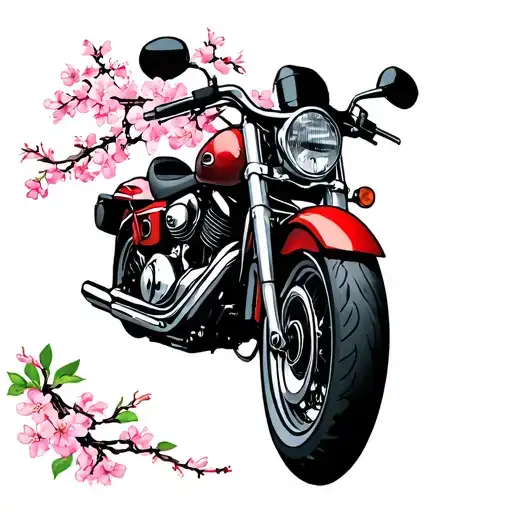 Motorcycle V Twin With Cherry Blossoms In The Background