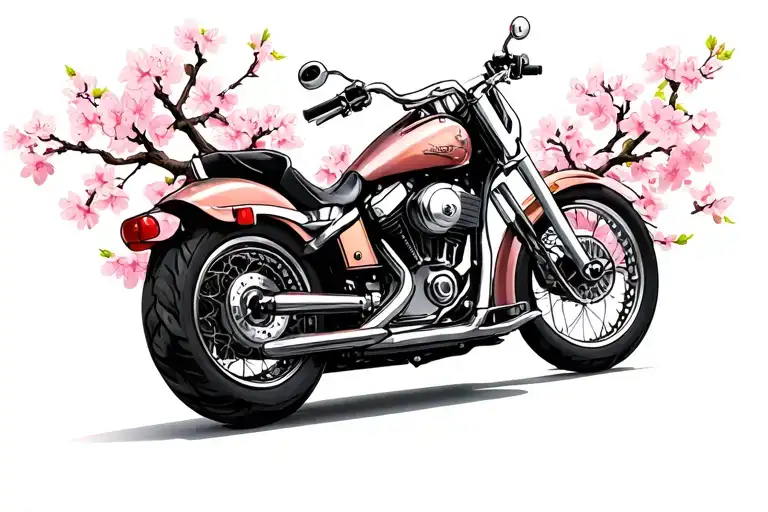 Cruiser Motorcycle V Twin Engine With Cherry Blossoms In The Background
