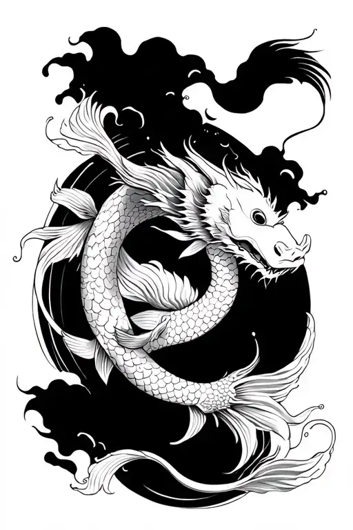Koi Fish And Dragon Flying