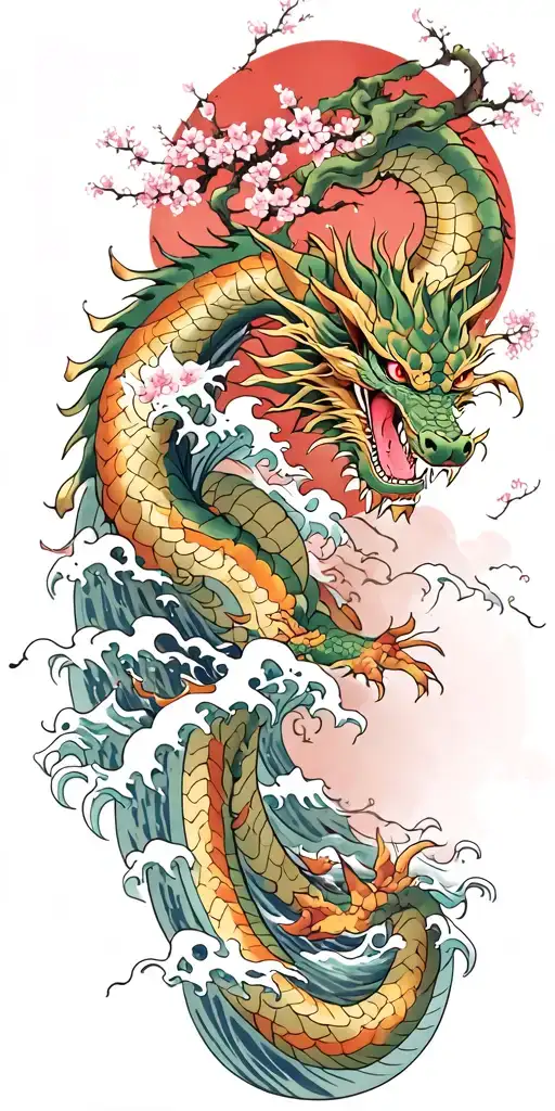 A Fierce Dragon Emerging From The Ocean Waves With Cherry Blossom Trees In The Red Background