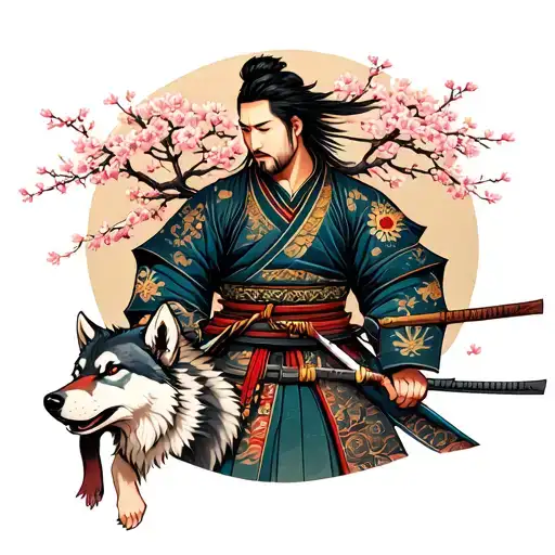 Samurai With A Cherry Blossom Tree And A Wolf
