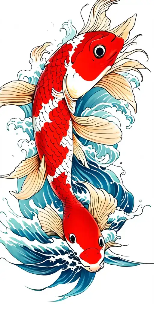 Red Koi Fish Emerging From The Ocean Waves