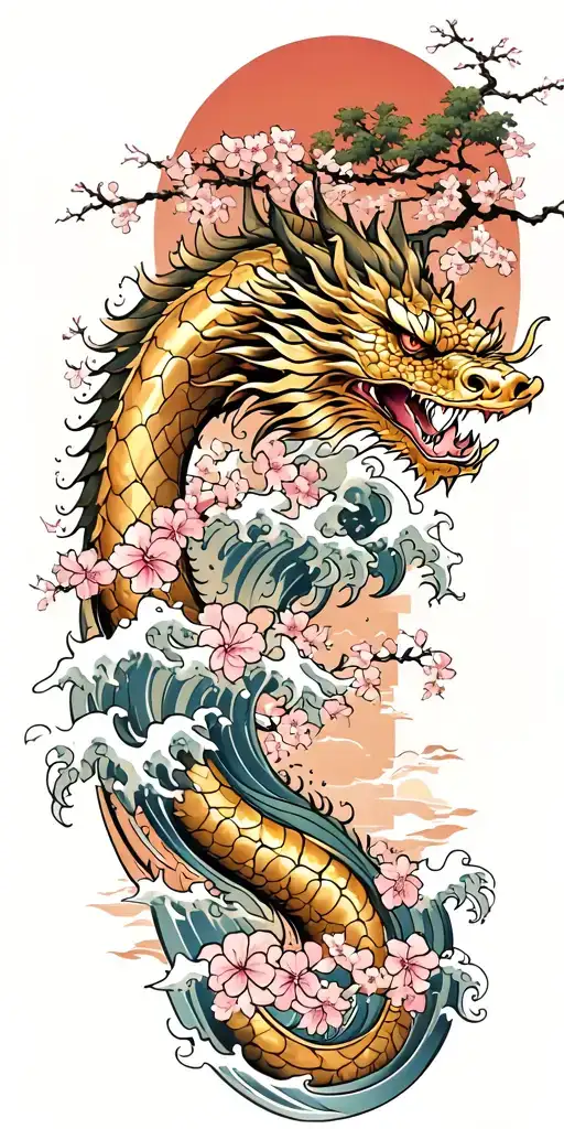A Fierce Golden Dragon Emerging From The Ocean Waves With Cherry Blossom Trees In The Background