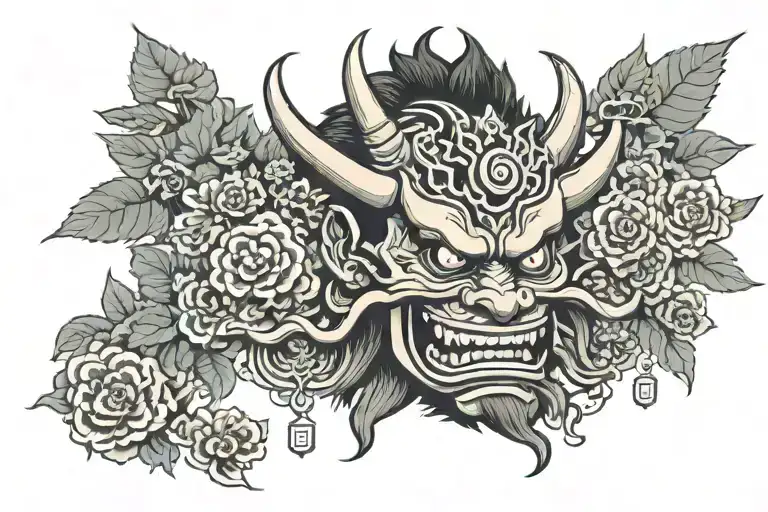 Oni Mask Surrounded With Money Tree Growing