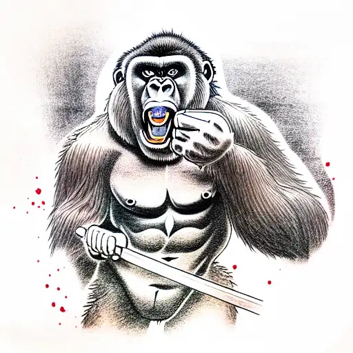 A Gorilla With An Energy Drink In His Hand In Samurai Clothes