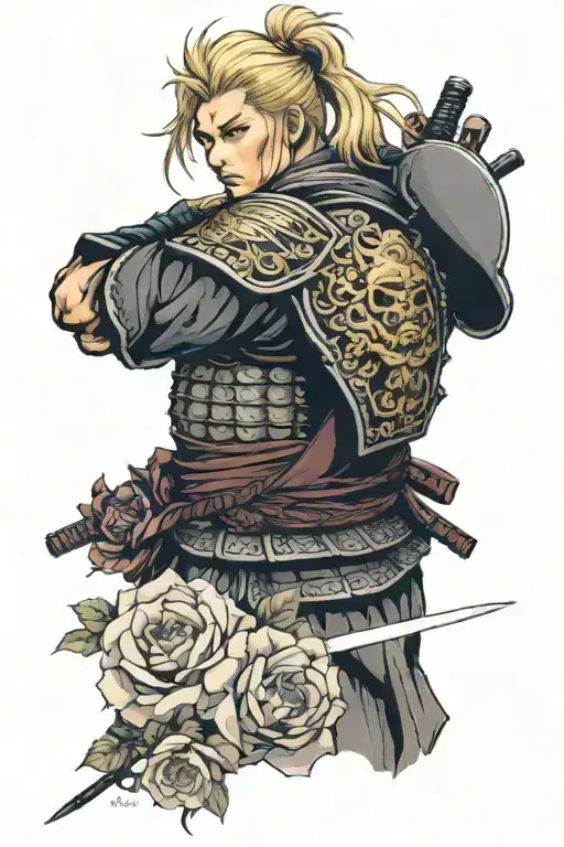 A Blonde Samurai With Roman Style Armour With Roses On It
