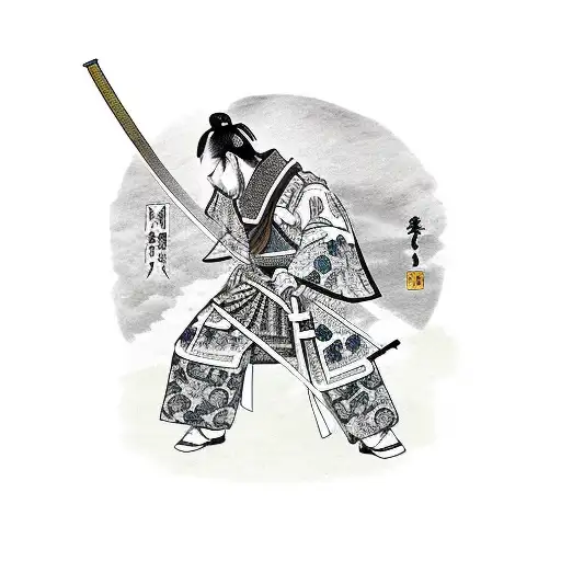 Japanese Samurai Warrior In The War Land With Bloody Katana