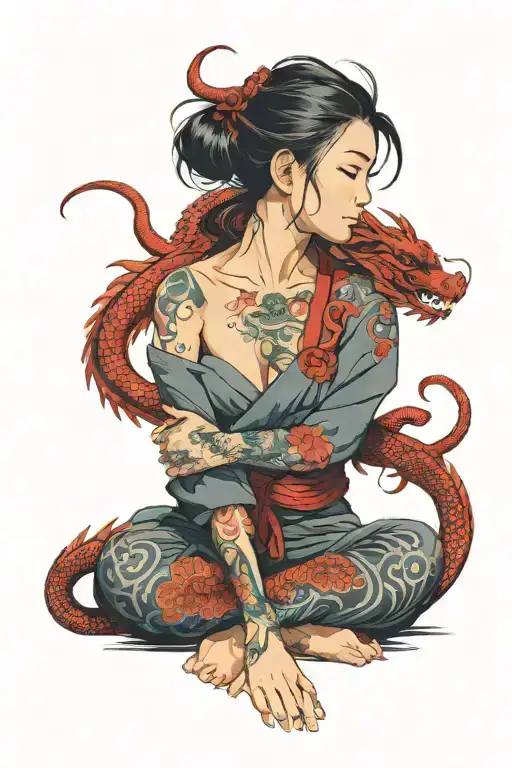 Asian Girl Wrapped By A Red Dragon