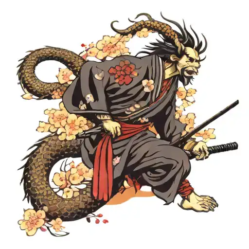 Japanese Samurai With Cherry Blossom Tree Dragon Intertwined