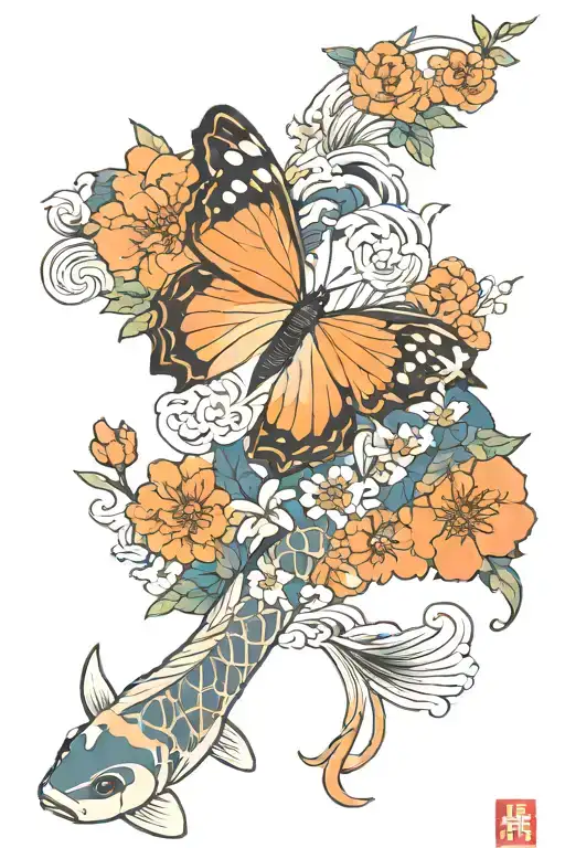 Butterfly With Flower Vines And Koi Fish