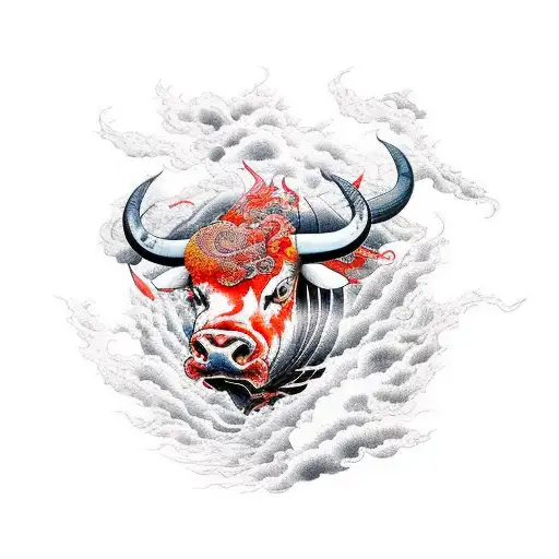 Running Bull In Fiery Fluid Form Swirling With The Clouds