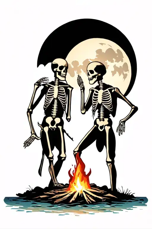 Skeletons Dancing On A Beach Around Campfire With Full Moon