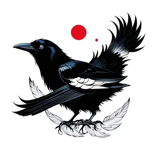 Crow With White Feathers Underneath In Black And White
