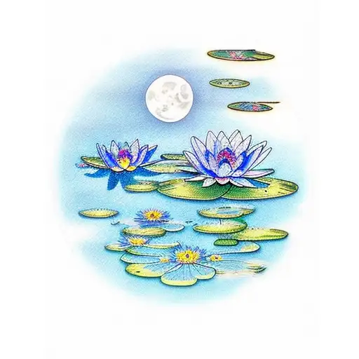 Blue Water Lilies On Water With Moon Reflecting