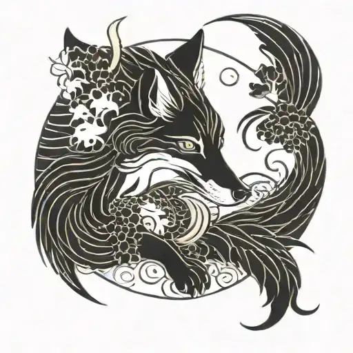 A Circle Of Nine Fox Tails With A Fox In The Center