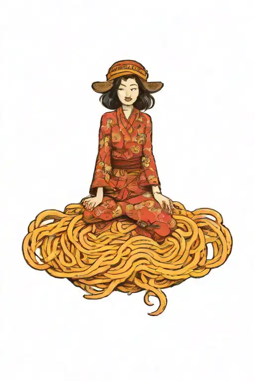 A Woman Riding A Flying Spaghetti Monster