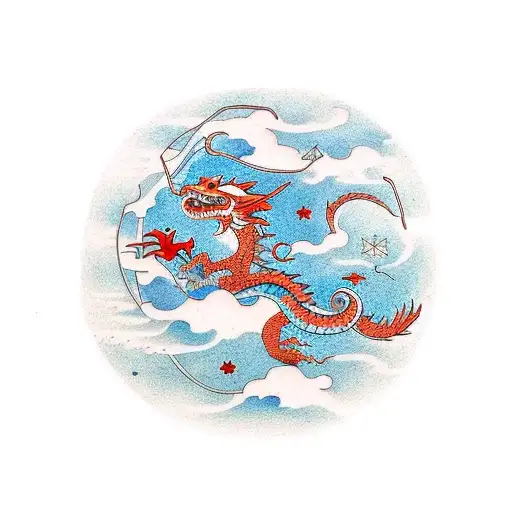 A Minimalist Tattoo Of A Dragon Flying Among Constellations