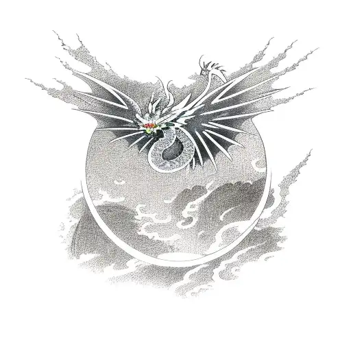 Dragon Flying Out Of Water With A Blood Moon Behind It