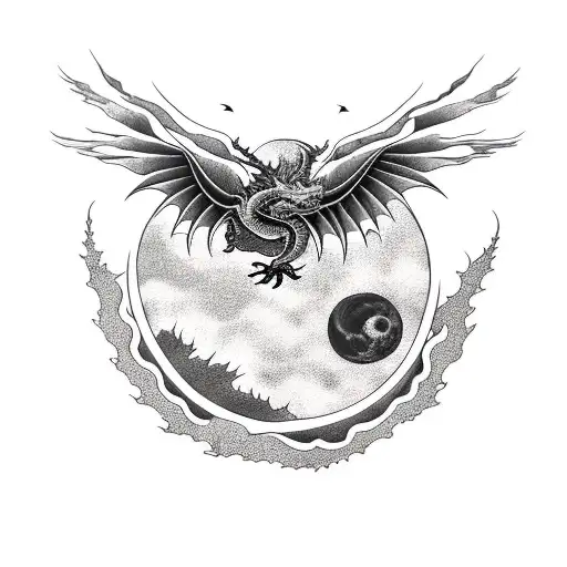 Dragon Flying Out Of Water With A Blood Moon Behind It