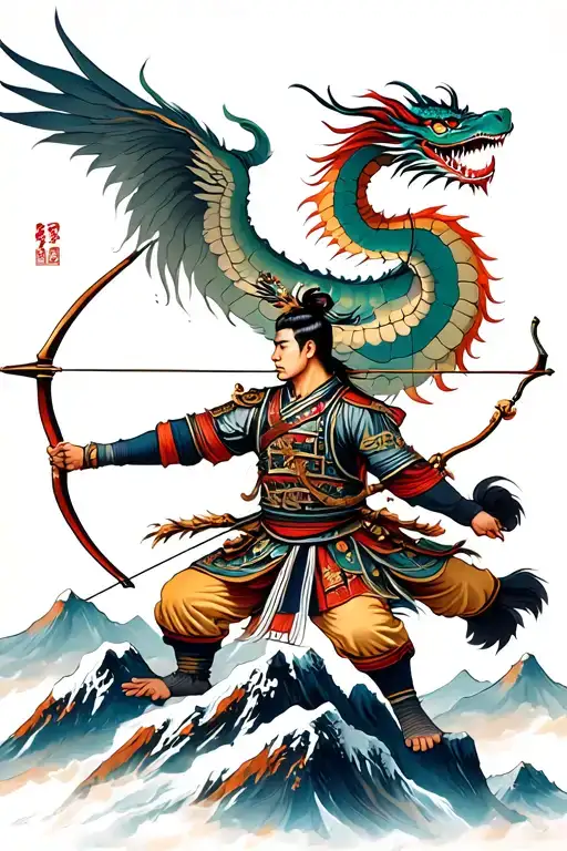 Mongolian Soldier Fighting With Flying Dragon On Top Of The Mountain With Bow And Arrow