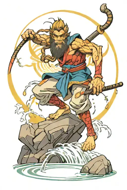 Sun Wukong Balancing On A Stack Of Rocks In A Pond