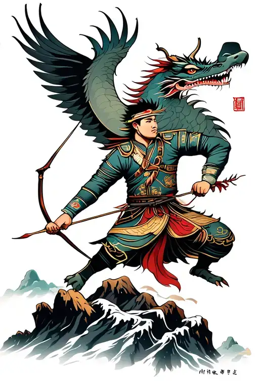 Mongolian Soldier Fighting With Flying Dragon On Top Of The Mountain With Bow And Arrow