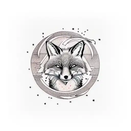 Red Fox With Tree And Crescent Moon