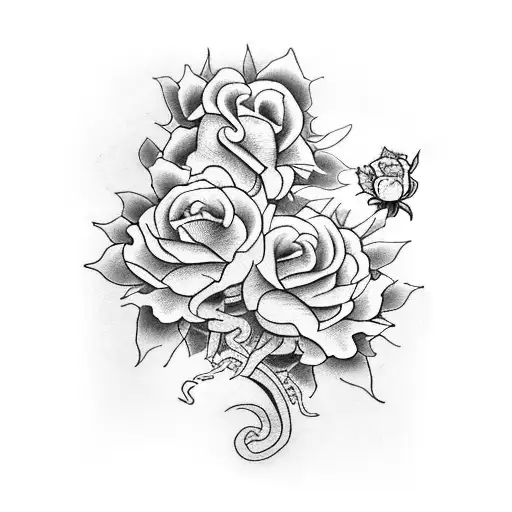 A Dragon And A Lion Guarding 5 Roses With 8 Leaves