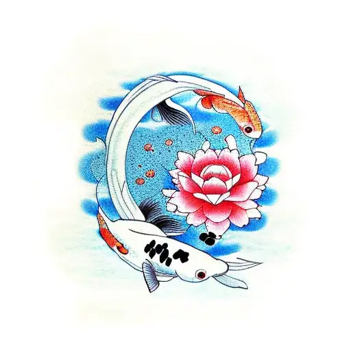 Koi With Half Moon And Sakura Flower